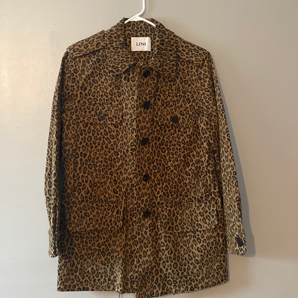 Lini Womens Brown Camille Leopard Print Button Military Jacket Coat Size  xs